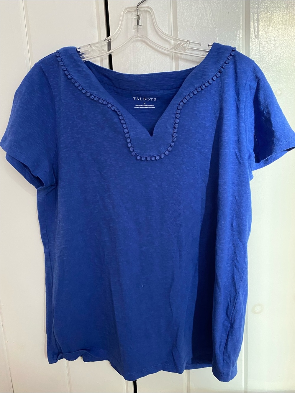 Talbots Cobalt Blue Short Sleeve Knit Top with Decorative Trim